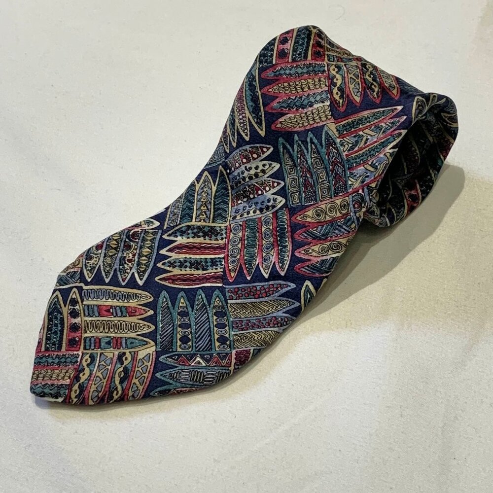 C.E.O. 100% Silk Tie Jewel Tone Tribal Abstract Blue Red Yellow Made In Canada